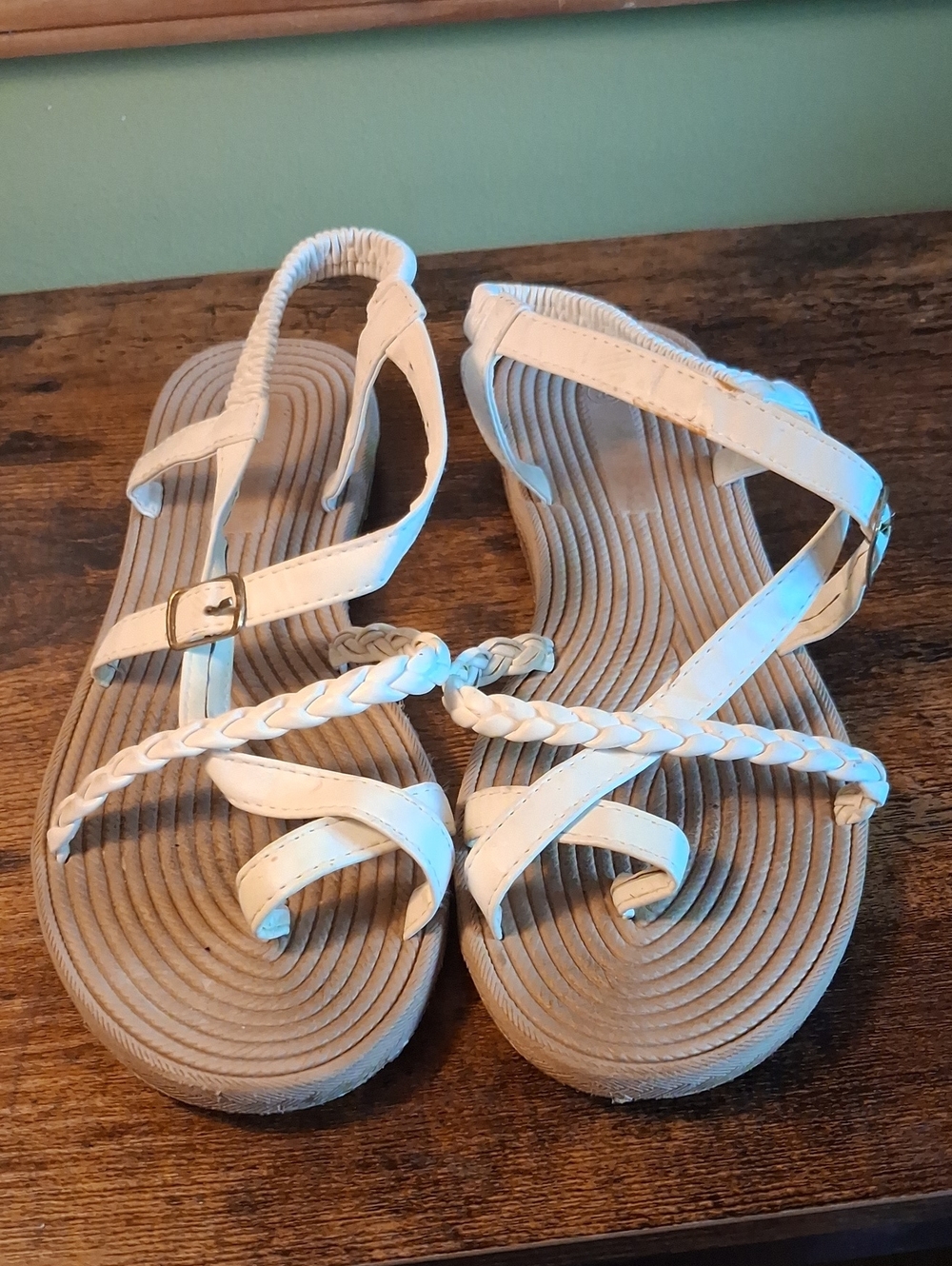 Women's White Braided T-Strap Sandals